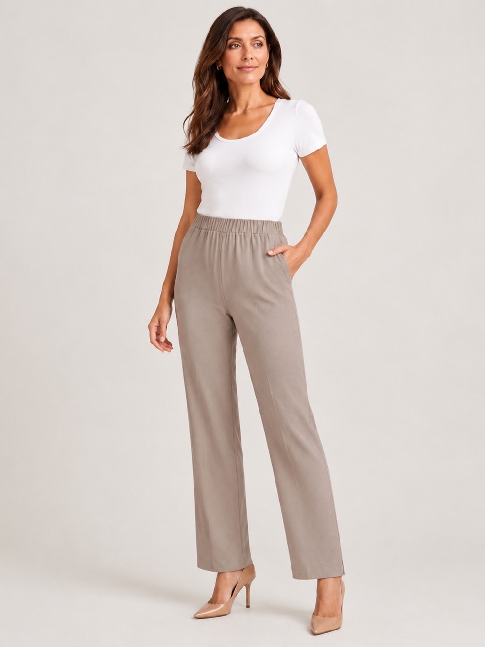 Ming Wang Womens Pull On Pants Taupe Straight Leg Elastic Waist Size XL NWT